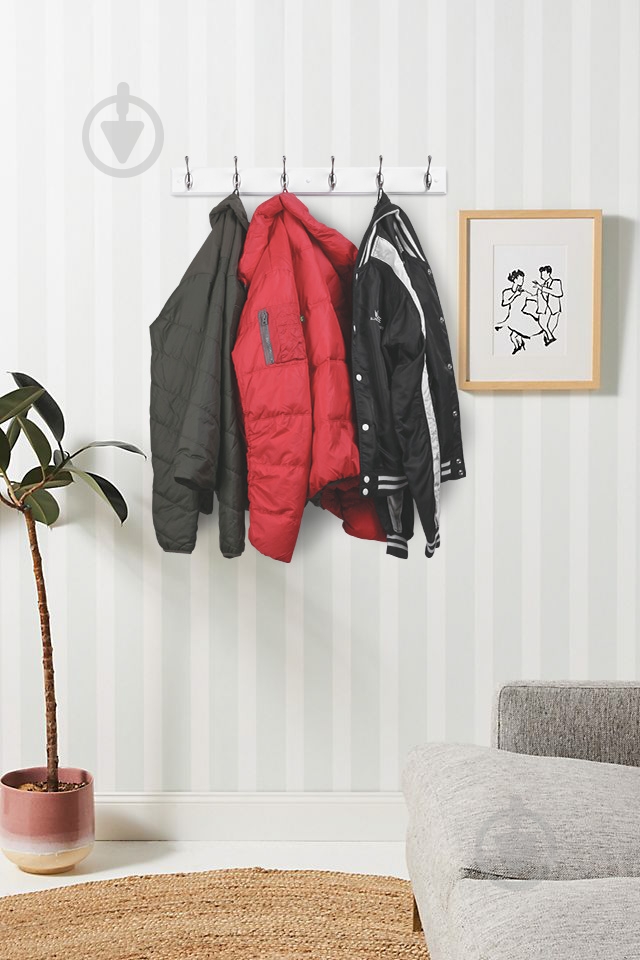 Вішалка для одягу настінна з 6 гачками 680х70х15 мм нікель/білий 001-6H - фото 5 Вішалка для одягу настінна з 6 гачками 680х70х15 мм нікель/білий 001-6H - фото 5