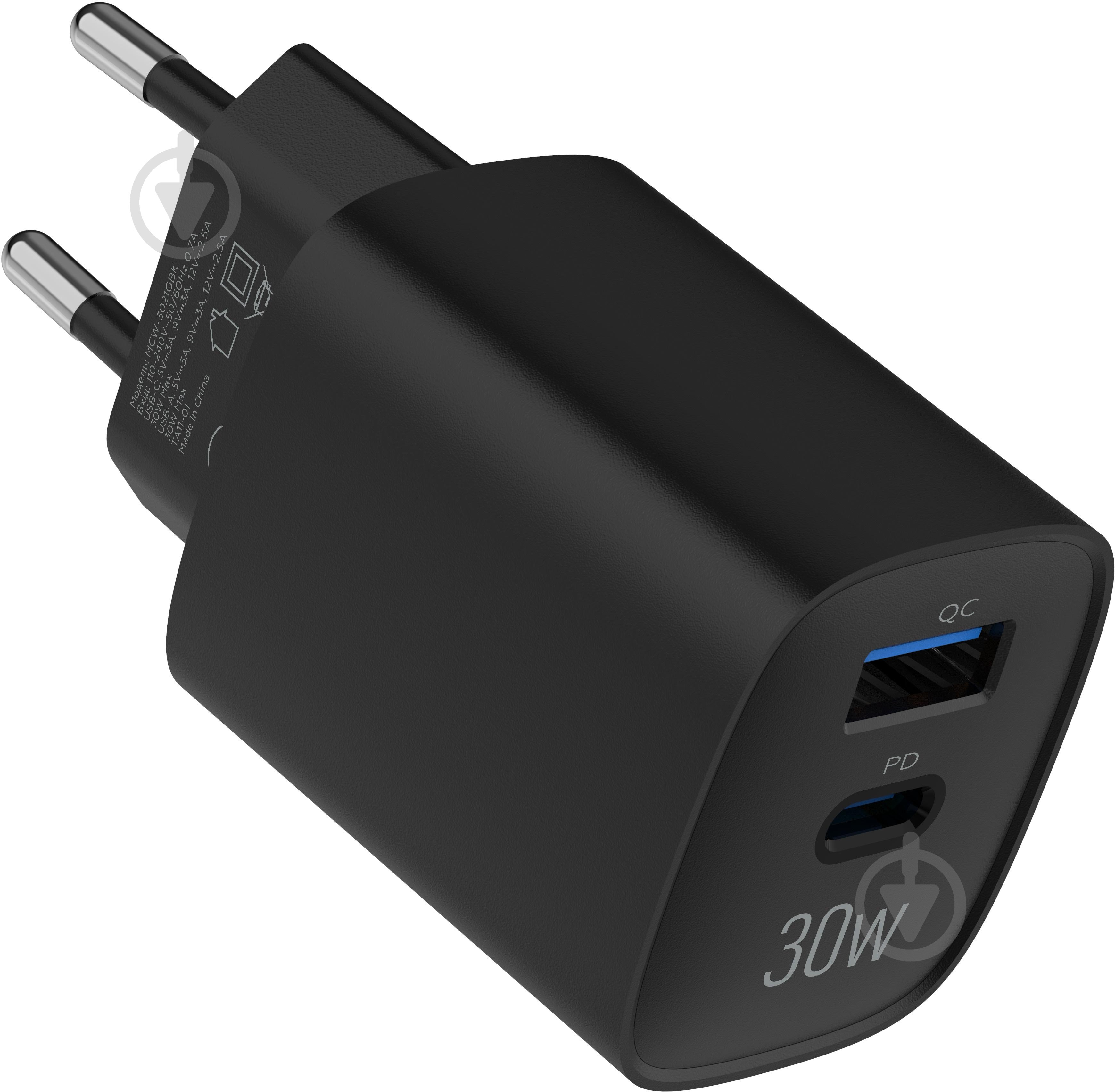 Зарядний пристрій Make 30W GaN3 Type-C PD3.0 + USB QC4.0 Black (MCW-3021GBK) - фото 6 Зарядний пристрій Make 30W GaN3 Type-C PD3.0 + USB QC4.0 Black (MCW-3021GBK) - фото 6