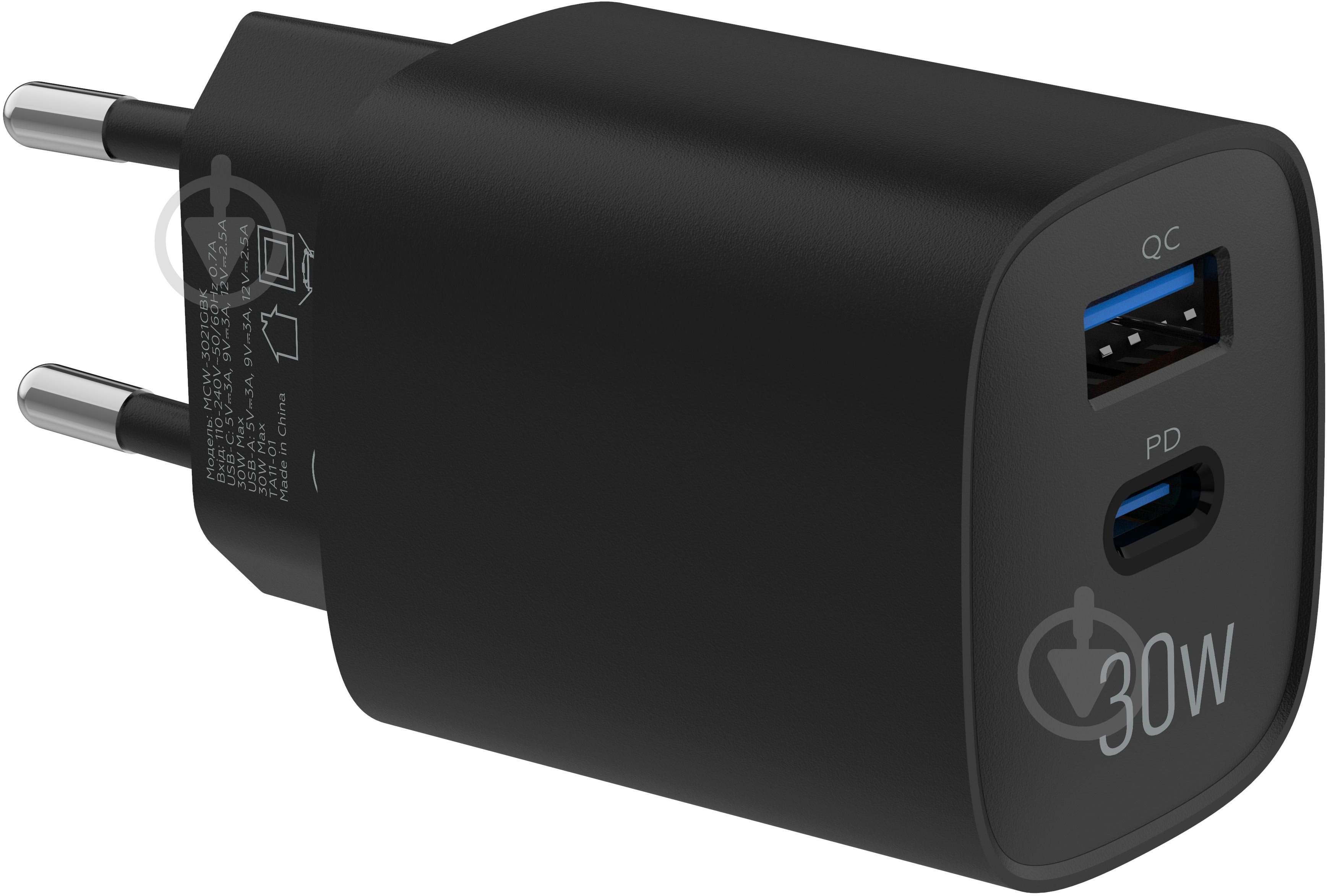 Зарядний пристрій Make 30W GaN3 Type-C PD3.0 + USB QC4.0 Black (MCW-3021GBK) - фото 4 Зарядний пристрій Make 30W GaN3 Type-C PD3.0 + USB QC4.0 Black (MCW-3021GBK) - фото 4