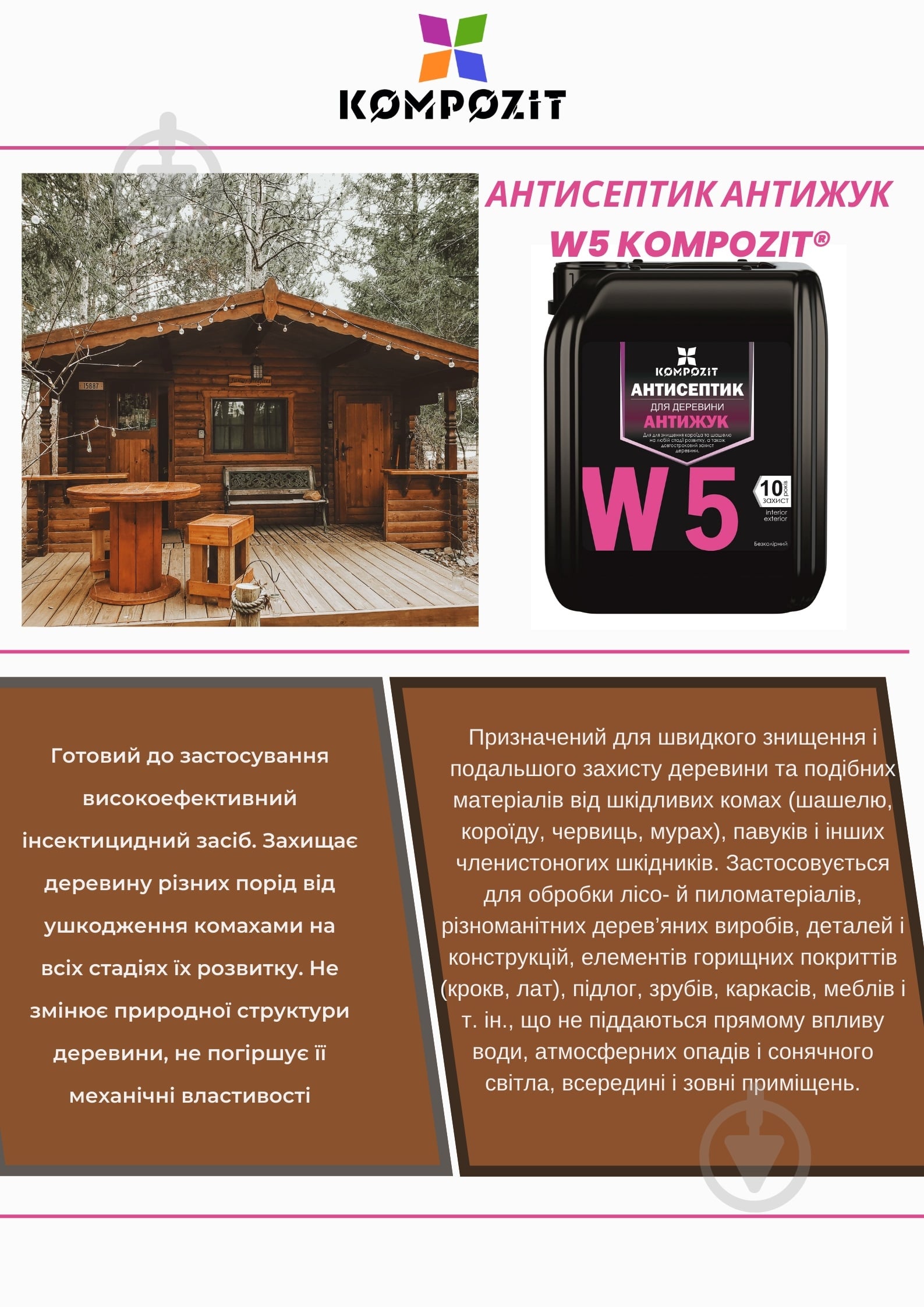 Антисептик Kompozit для захисту деревини Антижук W5 1 л - фото 2