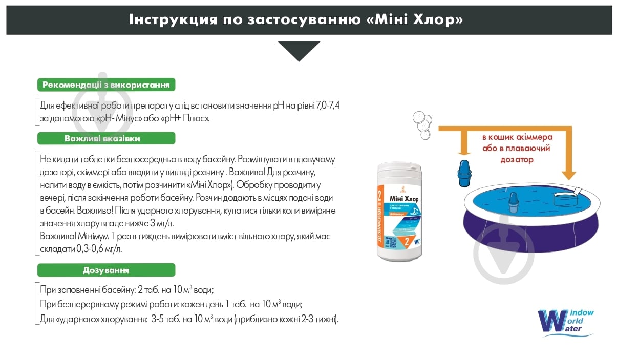 Таблетки для дезінфекції води МініХлор швидкої дії 0,9 кг Water World Window - фото 3