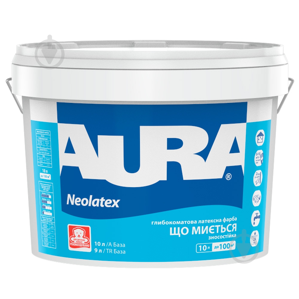 Фарба акрилова Aura® Neolatex TR Зносостійка глибокий мат база під тонування 0,9 л - фото 1 Фарба акрилова Aura® Neolatex TR Зносостійка глибокий мат база під тонування 0,9 л - фото 1