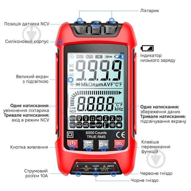 Мультиметр цифровой King's Dun KS-7080025-Red - фото 3 Мультиметр цифровой King's Dun KS-7080025-Red - фото 3