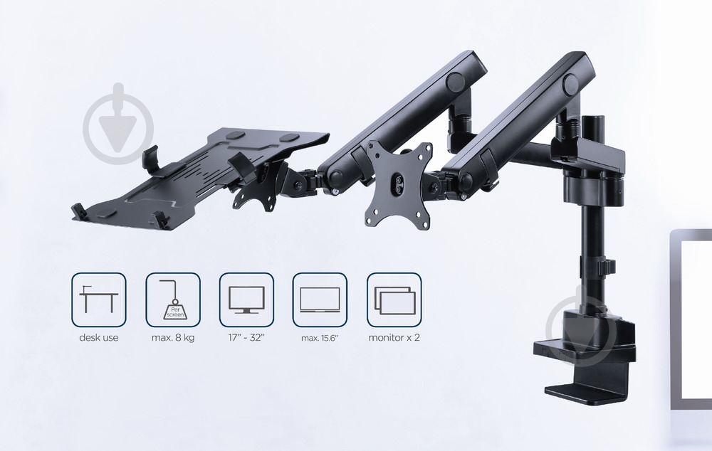 Крепление для монитора Gembird для 2 мониторов 17-32" та ноутбуку (1-8 кг) MA-DA3-02 поворотно-наклонные 17"-32" черный - фото 11 Крепление для монитора Gembird для 2 мониторов 17-32" та ноутбуку (1-8 кг) MA-DA3-02 поворотно-наклонные 17"-32" черный - фото 11