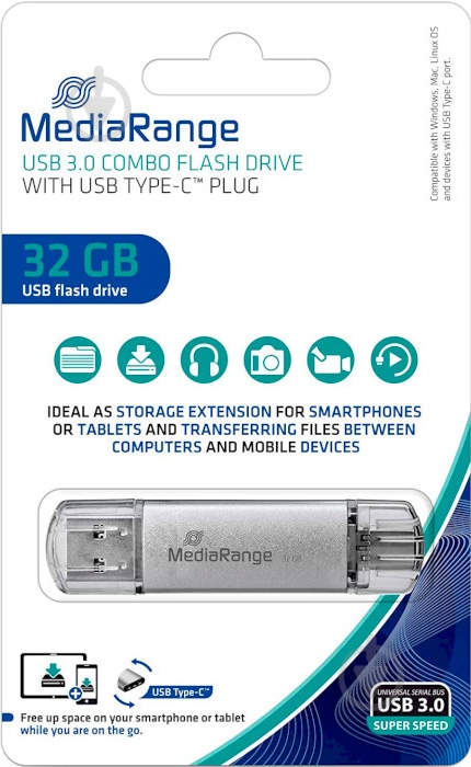 Флеш-память MediaRange 32 ГБ USB 3.0 USB Type-C silver (MR936) - фото 1