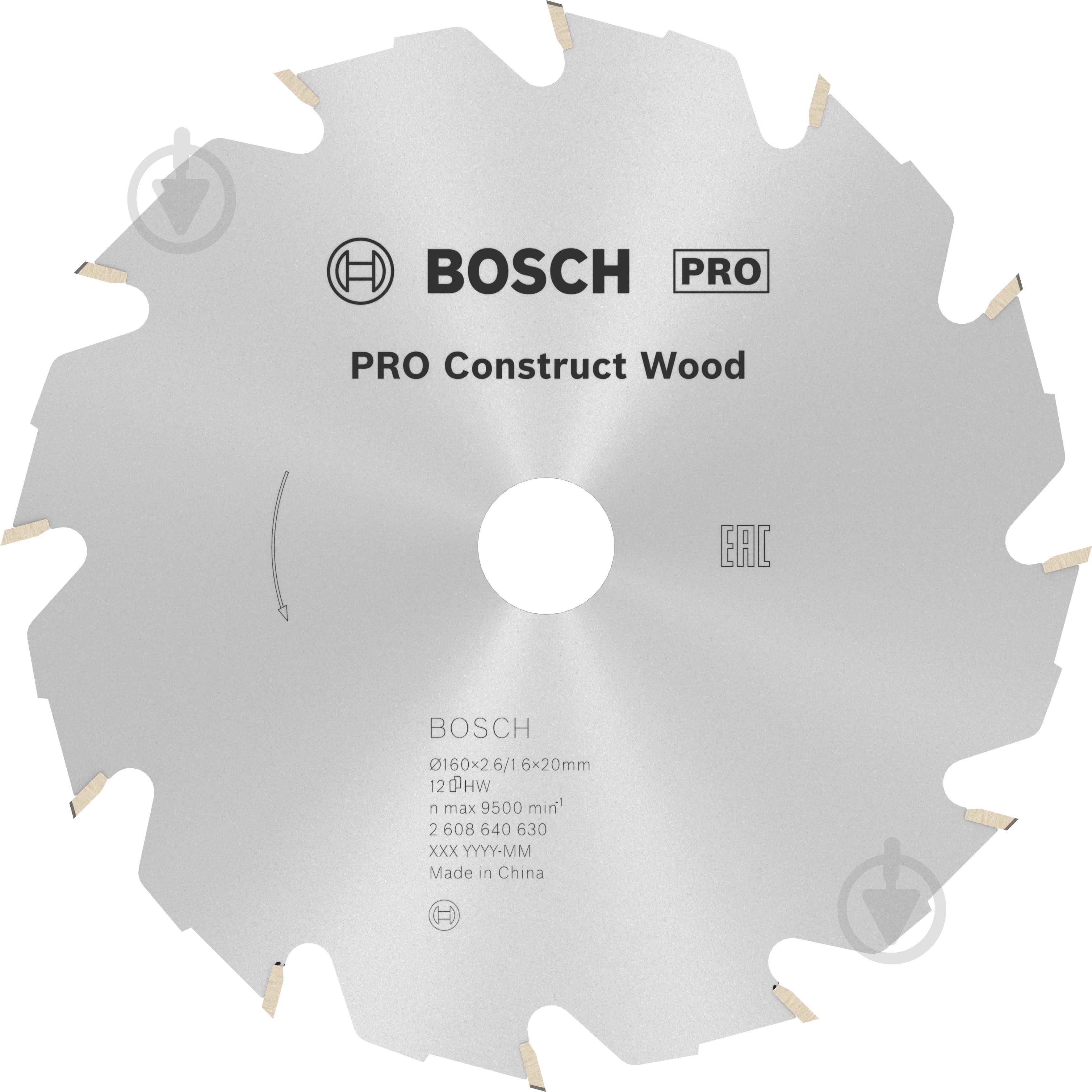 Пильный диск Bosch CONSTRUCТ 160x16x2,6 Z12 2608640630 - фото 1