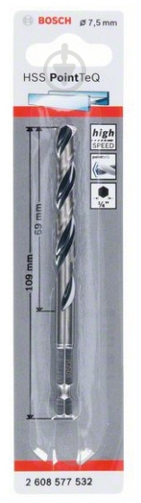 Сверло Bosch HSS PointTeQ HEX 7.5 x 109 мм 1 шт. 2608577532 - фото 2 Сверло Bosch HSS PointTeQ HEX 7.5 x 109 мм 1 шт. 2608577532 - фото 2