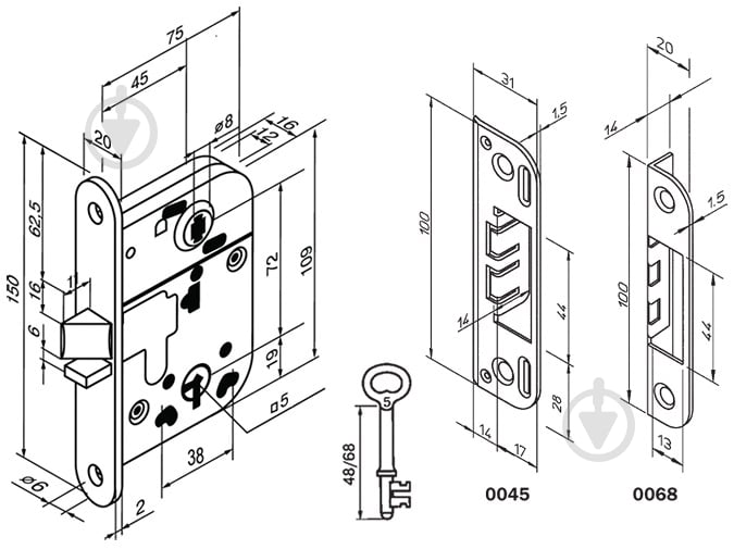 Дверной замок входной Abloy WC 5 мм 2014 UNIV BS 45 мм ZN - фото 4