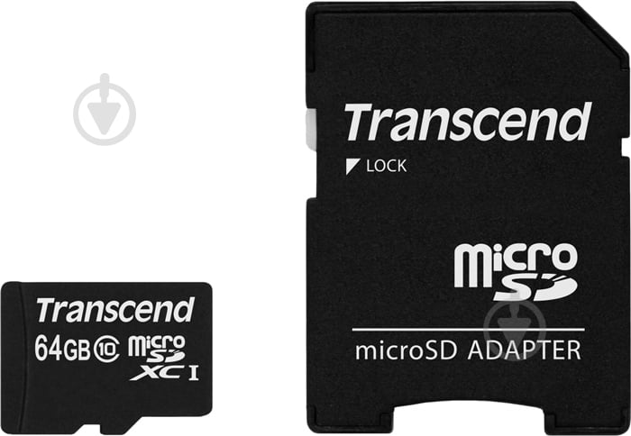 Карта памяти Transcend MicroSDXC C10 + SD адаптер 64GB (TS64GUSDXC10) - фото 1