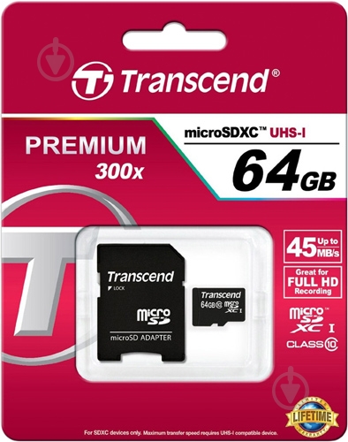 Карта памяти Transcend MicroSDXC C10 + SD адаптер 64GB (TS64GUSDXC10) - фото 3