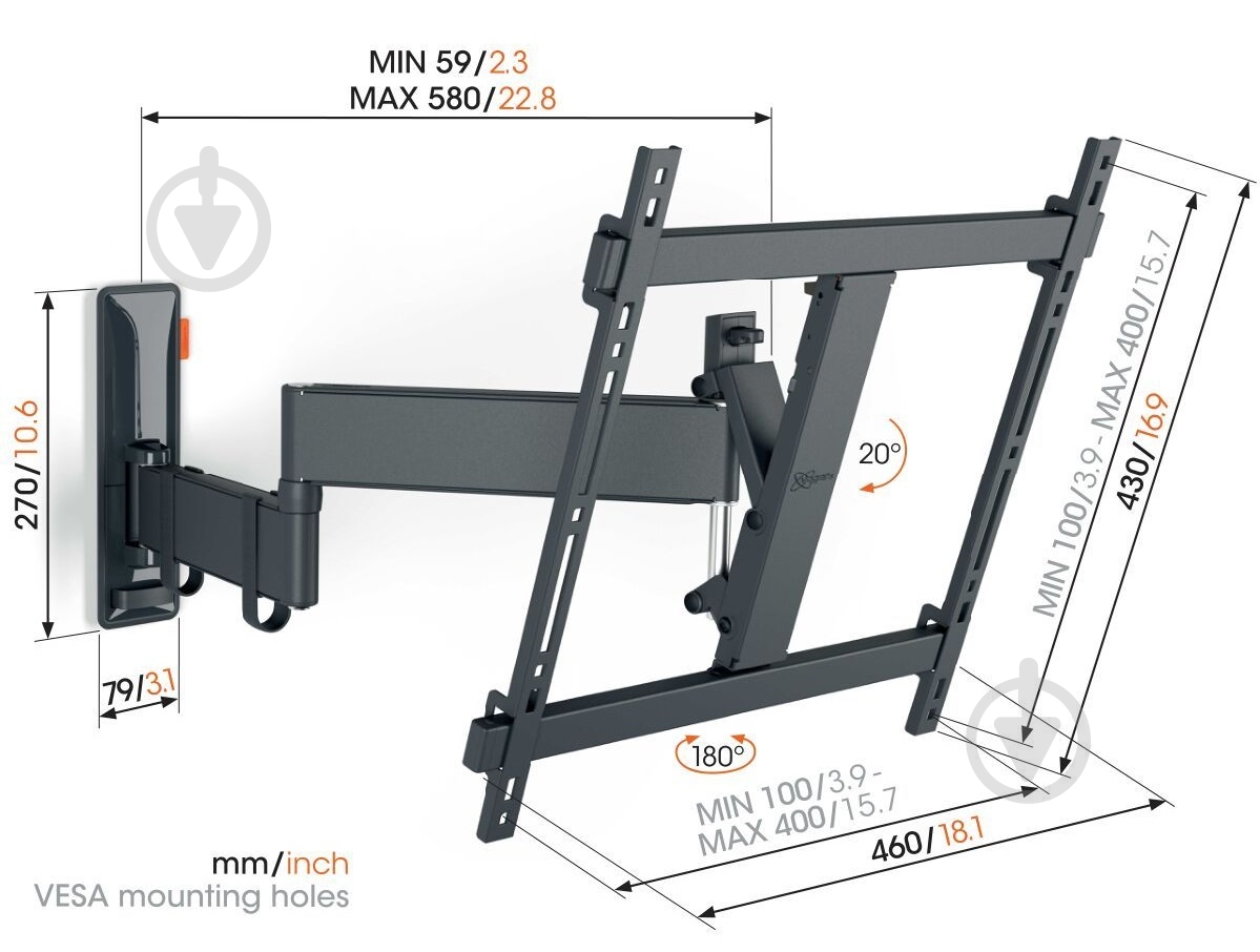 Кронштейн Vogels TVM 3443 поворотно-похилі 32"-65" чорний - фото 12