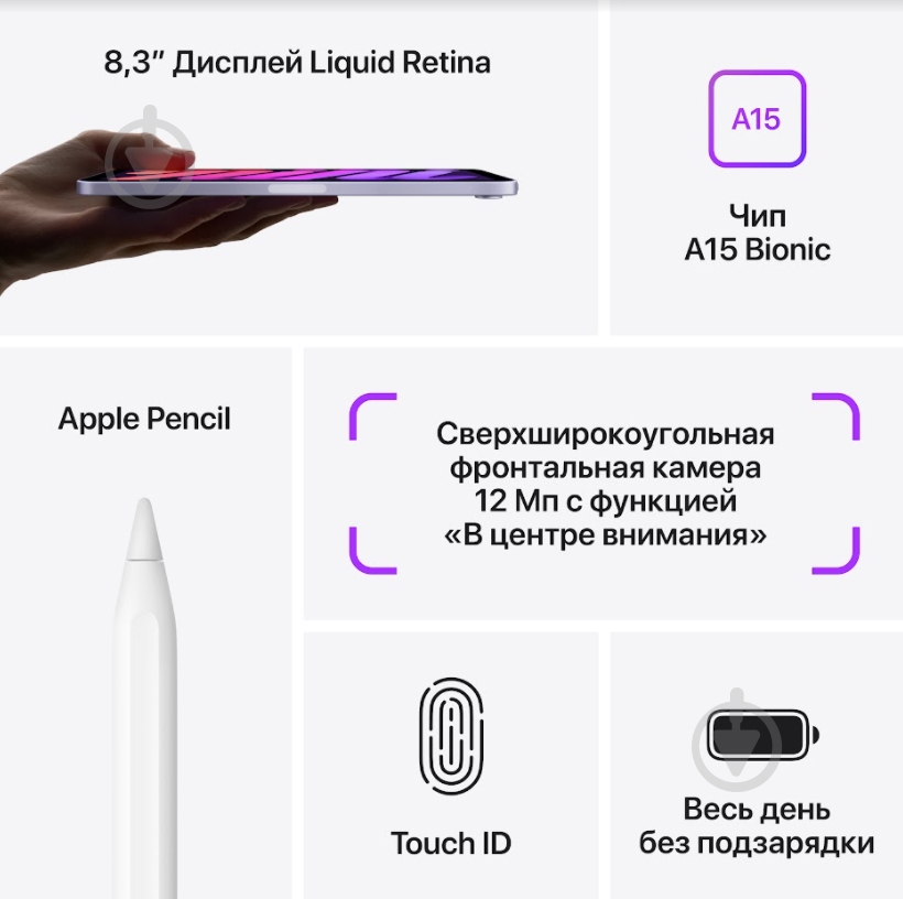 Планшет Apple iPad mini 2021 8,3" 64GB Wi-Fi purple (MK7R3RK/A) - фото 8