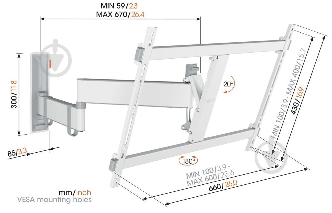 Кронштейн Vogels TVM 3643 поворотно-похилі 40"-77" білий - фото 11