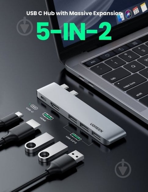 USB-хаб UGREEN CM251 5-in-2 Dual USB Type-C to 3x USB 3.0 + HDMI + USB Type-C Multifunction Adapter - фото 2