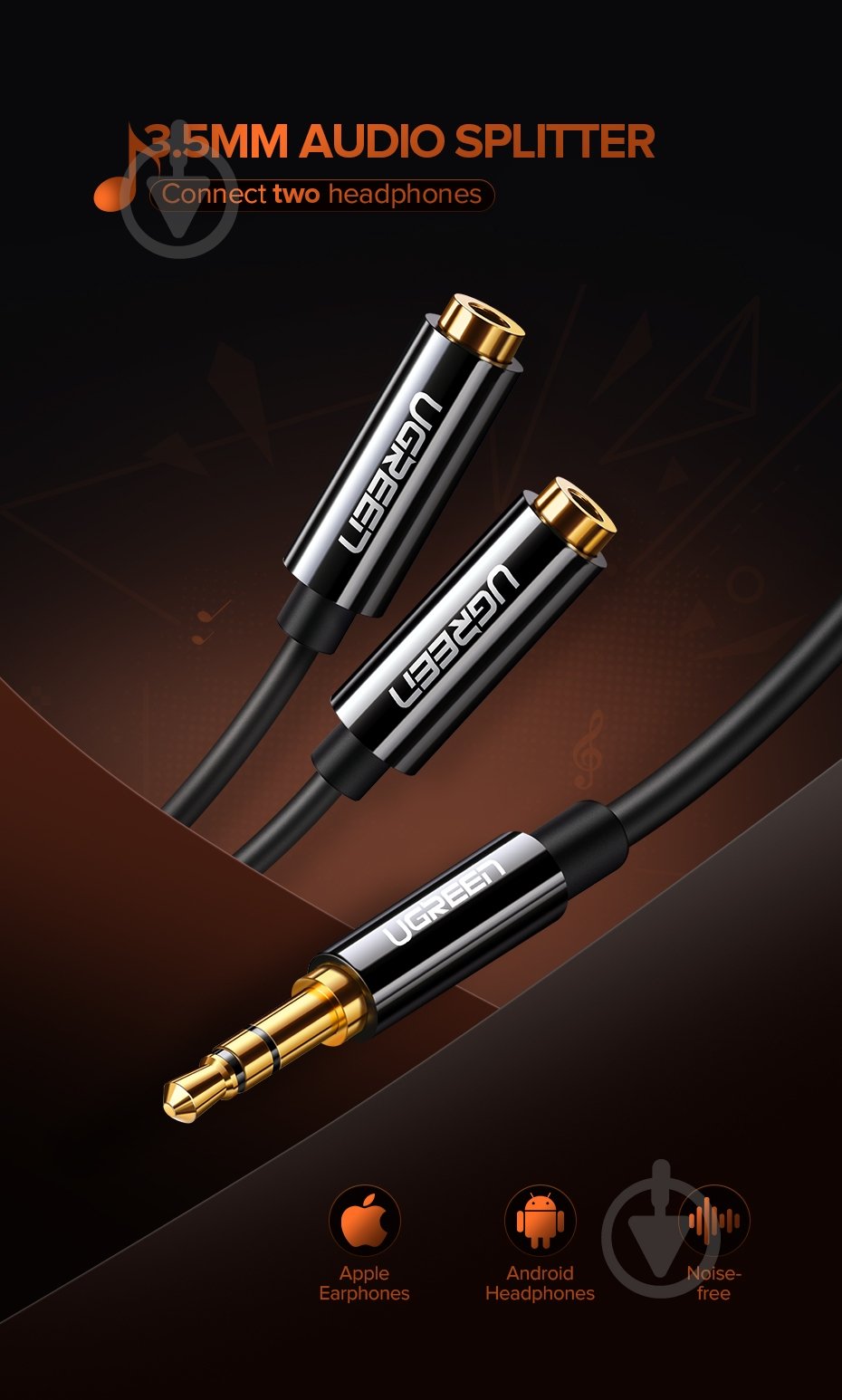 Кабель UGREEN Stereo 3.5mm Male to 2x 3.5mm Female Audio Cable 0,20 м white (10739) - фото 2 Кабель UGREEN Stereo 3.5mm Male to 2x 3.5mm Female Audio Cable 0,20 м white (10739) - фото 2