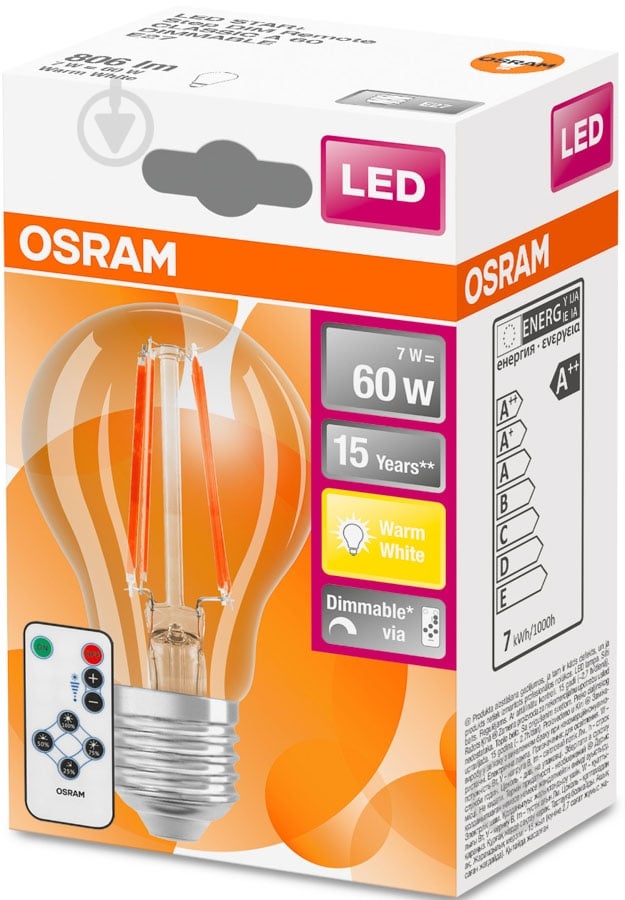 Лампа светодиодная Osram FIL Dimmable A60 7 Вт E27 2700 К 220 В прозрачная 4058075269644 - фото 2 Лампа светодиодная Osram FIL Dimmable A60 7 Вт E27 2700 К 220 В прозрачная 4058075269644 - фото 2