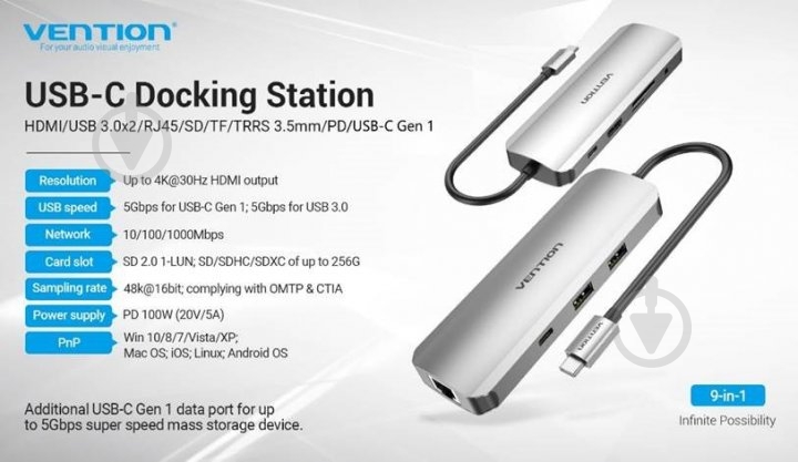 Док-станция Vention USB HUB 9 в 1 silver (TOMHB) - фото 2
