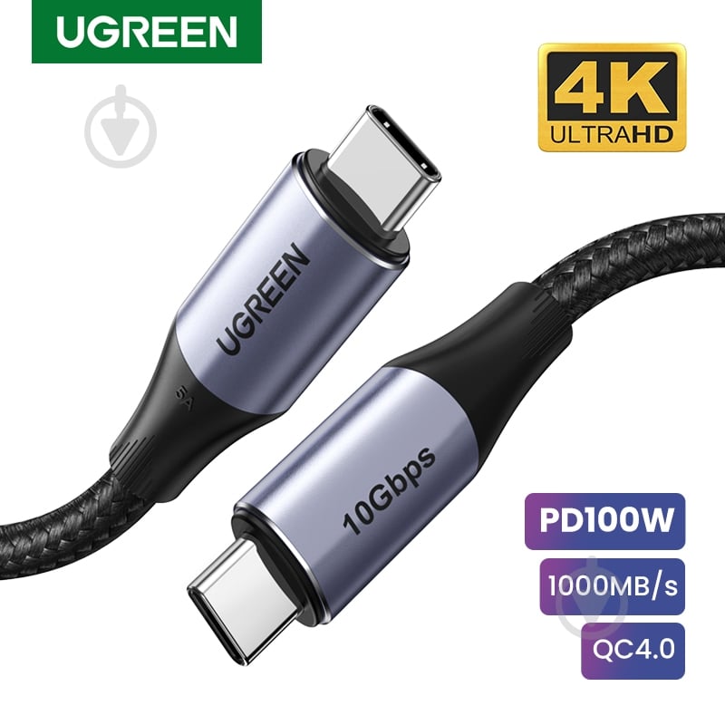 Кабель UGREEN USB Type-C to Type-C 3.1 Gen2 1 м black (UGR-80150) - фото 2 Кабель UGREEN USB Type-C to Type-C 3.1 Gen2 1 м black (UGR-80150) - фото 2