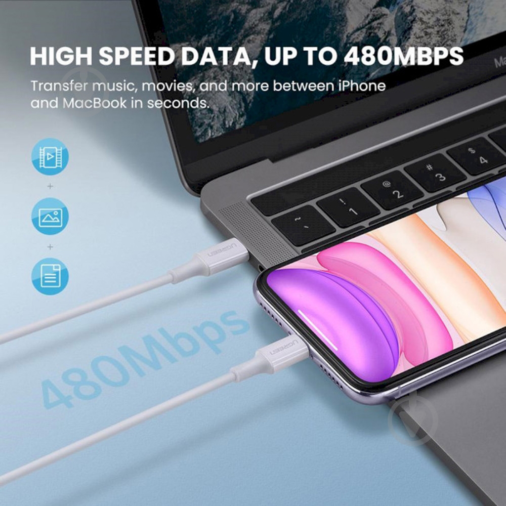 Кабель UGREEN USB AM-Lightning M 3A Nickel Plating ABS Shell US171 2 м белый (60749) - фото 3