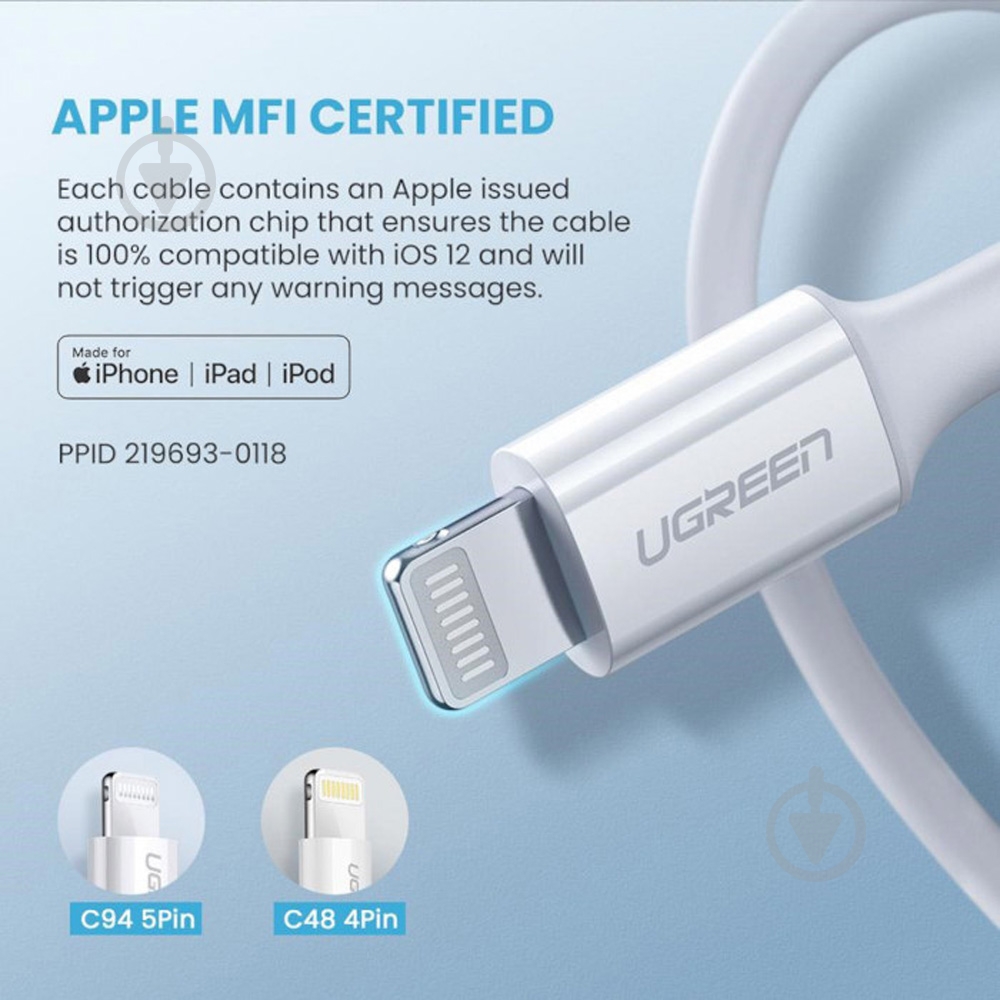 Кабель UGREEN USB AM-Lightning M 3A Nickel Plating ABS Shell US171 2 м белый (60749) - фото 5