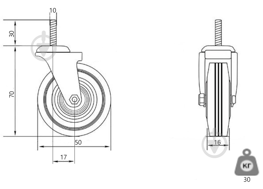 Колесо поворотне Longway d50 мм з різьбовим штифтом М10 3062-50 - фото 9