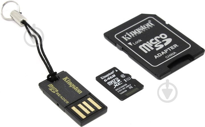 Карта пам'яті Kingston microSDXC 64GB Class 10 + SD adapter + cardreader (MBLY10G2/64GB) - фото 1