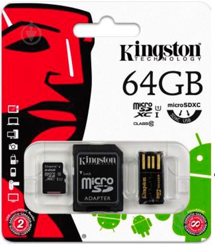 Карта пам'яті Kingston microSDXC 64GB Class 10 + SD adapter + cardreader (MBLY10G2/64GB) - фото 2