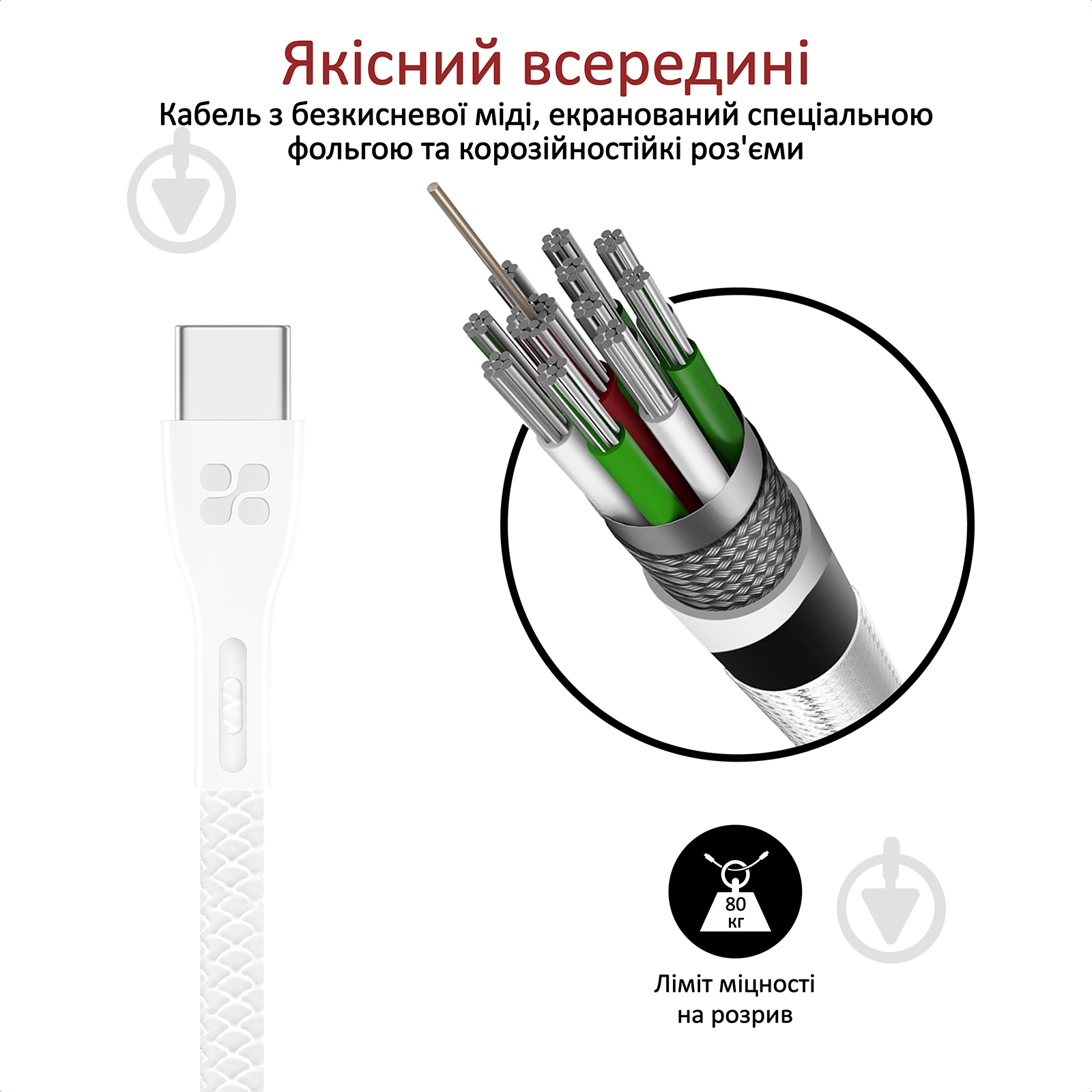 Кабель Promate PowerBeam-C USB-USB Type-C 2А 1,2 м белый (powerbeam-c.white) - фото 3