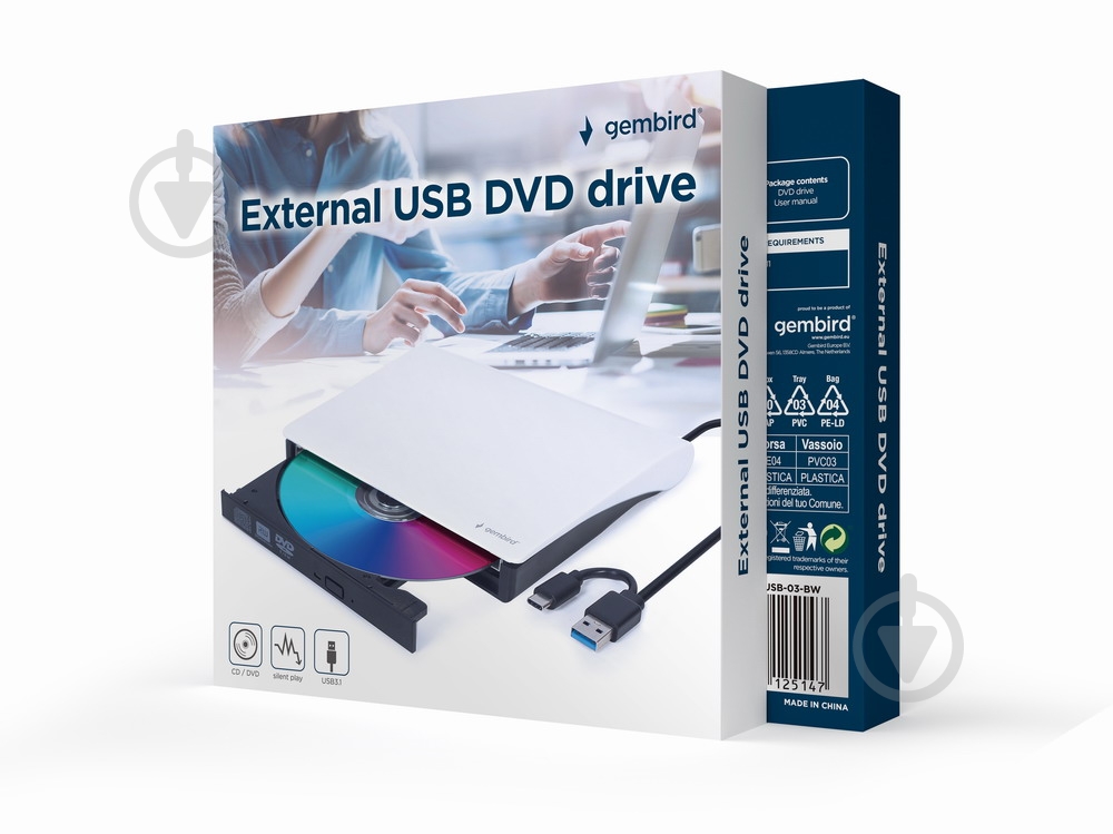 Оптический привод Gembird USB 3.0 (+ Type-C) DVD-USB-03-BW - фото 2