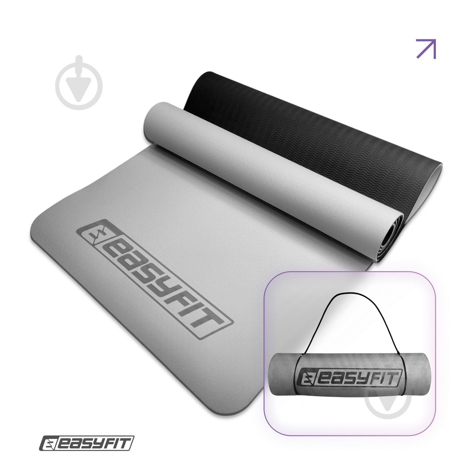 Коврик для йоги EasyFit TPE+TC двухслойный 6 мм Серый/Черный серо-черный - фото 1