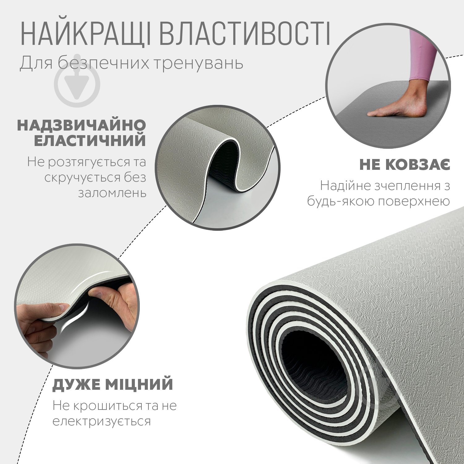 Коврик для йоги EasyFit TPE+TC двухслойный 6 мм Серый/Черный серо-черный - фото 3