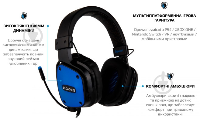 Гарнитура Sades SA-722 Dpower black/blue (sa722blj) - фото 6 Гарнитура Sades SA-722 Dpower black/blue (sa722blj) - фото 6