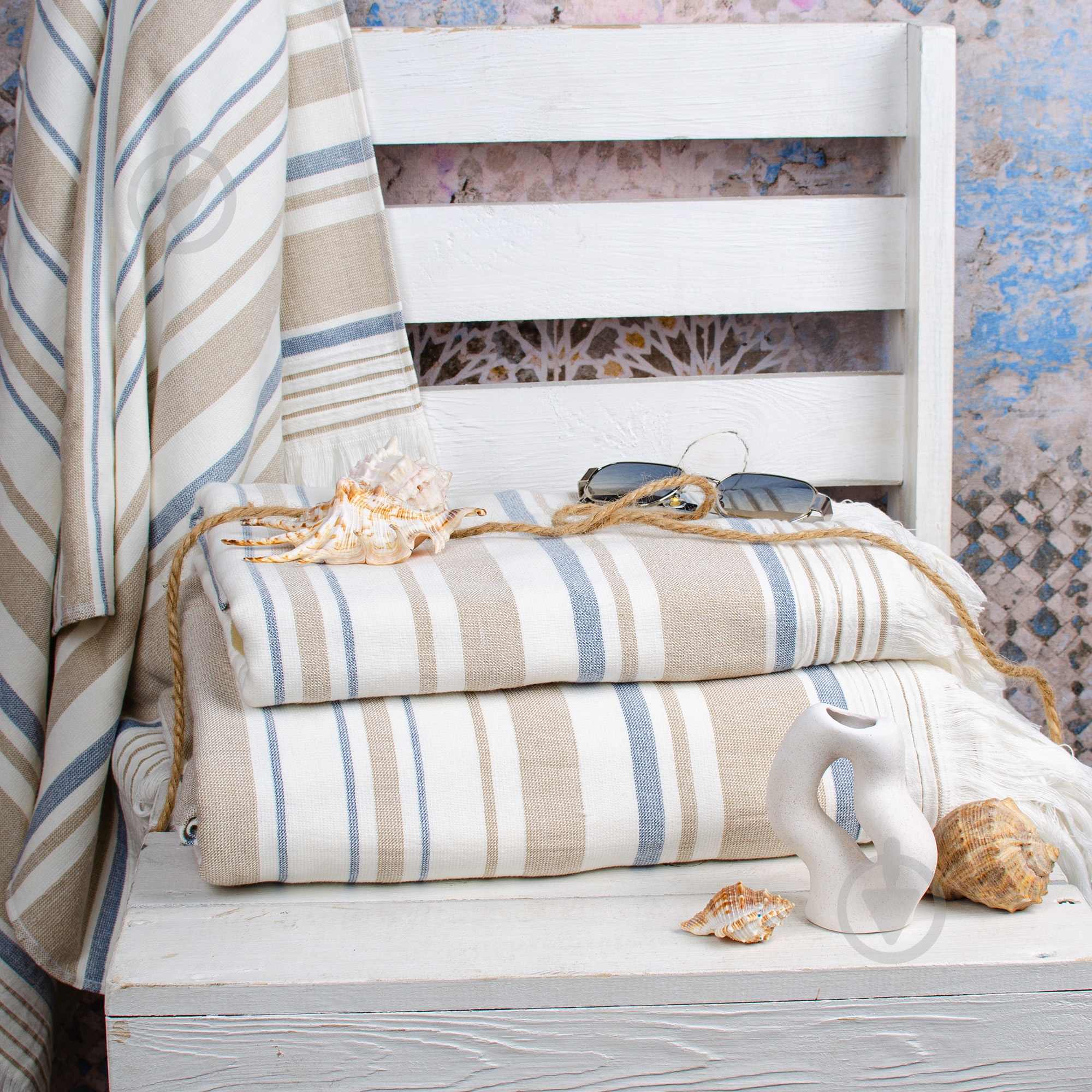 Пештемаль AISHA 100x150 см бежево-синий BILTEX - фото 2 Пештемаль AISHA 100x150 см бежево-синий BILTEX - фото 2