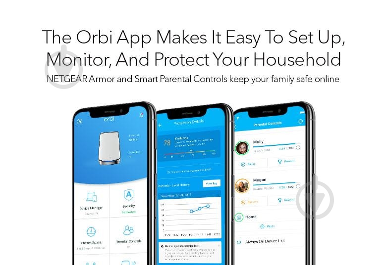 Система Wi-Fi Mesh NETGEAR Orbi RBK853 AX6000 3 модеми білий (RBK853-100EUS) - фото 5 Система Wi-Fi Mesh NETGEAR Orbi RBK853 AX6000 3 модеми білий (RBK853-100EUS) - фото 5