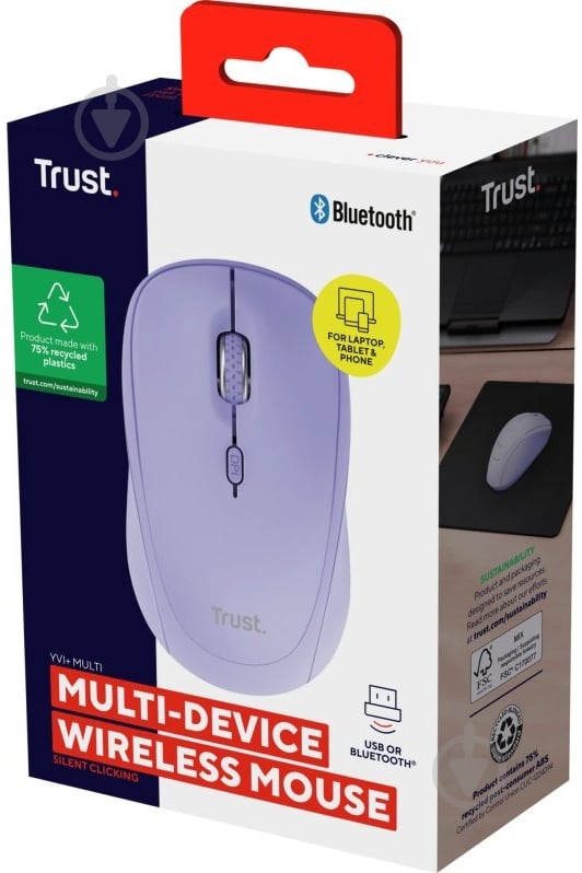 Мышка Trust Yvi+ Compact Multi-Device WL/BT/USB-A violet (25583_TRUST) - фото 6 Мышка Trust Yvi+ Compact Multi-Device WL/BT/USB-A violet (25583_TRUST) - фото 6