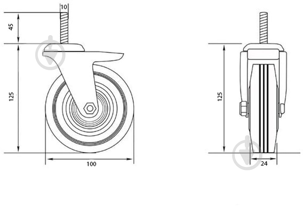 Колесо d100 мм резиновое поворотное с резьбовым штырем M10 - фото 5 Колесо d100 мм резиновое поворотное с резьбовым штырем M10 - фото 5