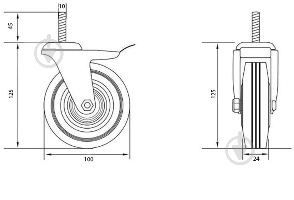 Колесо d100 мм резиновое поворотное с тормозом і резьбовым штырем M10 - фото 7