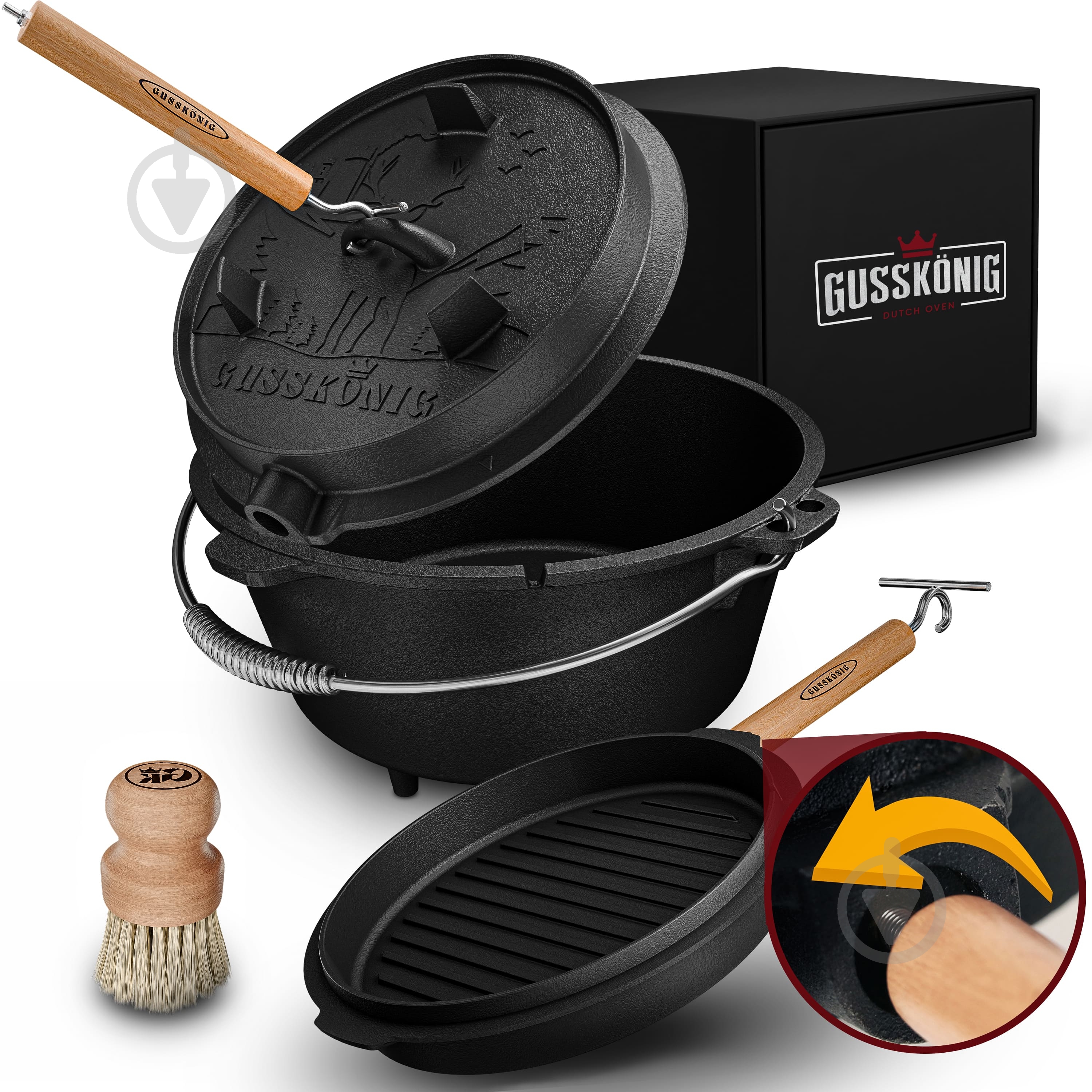 Набор посуды Gusskoenig ø250 мм 140 мм 4,5 л чугунный казан с ножками с крышкой-сковородой + книга рецептов, подъемник крышки и очиститель - фото 1 Набор посуды Gusskoenig ø250 мм 140 мм 4,5 л чугунный казан с ножками с крышкой-сковородой + книга рецептов, подъемник крышки и очиститель - фото 1