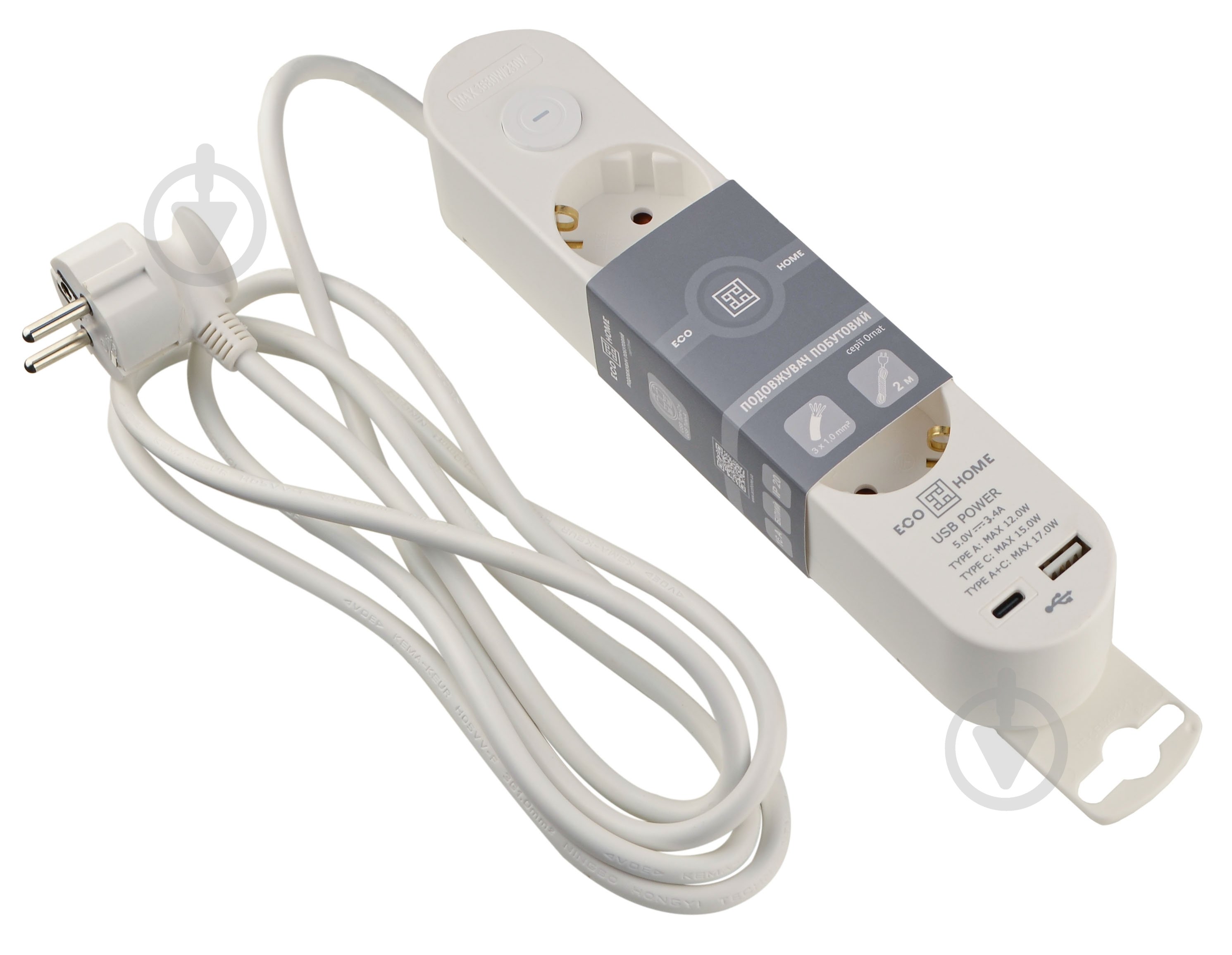 Удлинитель бытовой ECOНОМЕ Ornat USB+Type C с заземлением 3 гн. белый 2 м ECO019001001 - фото 1 Удлинитель бытовой ECOНОМЕ Ornat USB+Type C с заземлением 3 гн. белый 2 м ECO019001001 - фото 1