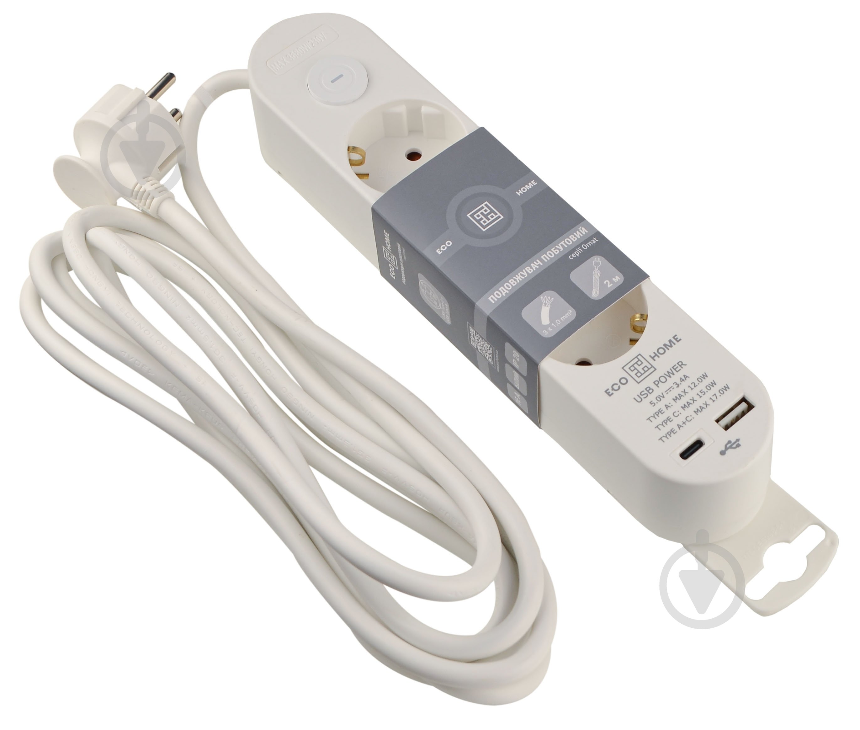 Удлинитель бытовой ECOНОМЕ Ornat USB+Type C с заземлением 3 гн. белый 3 м ECO019001002 - фото 1 Удлинитель бытовой ECOНОМЕ Ornat USB+Type C с заземлением 3 гн. белый 3 м ECO019001002 - фото 1