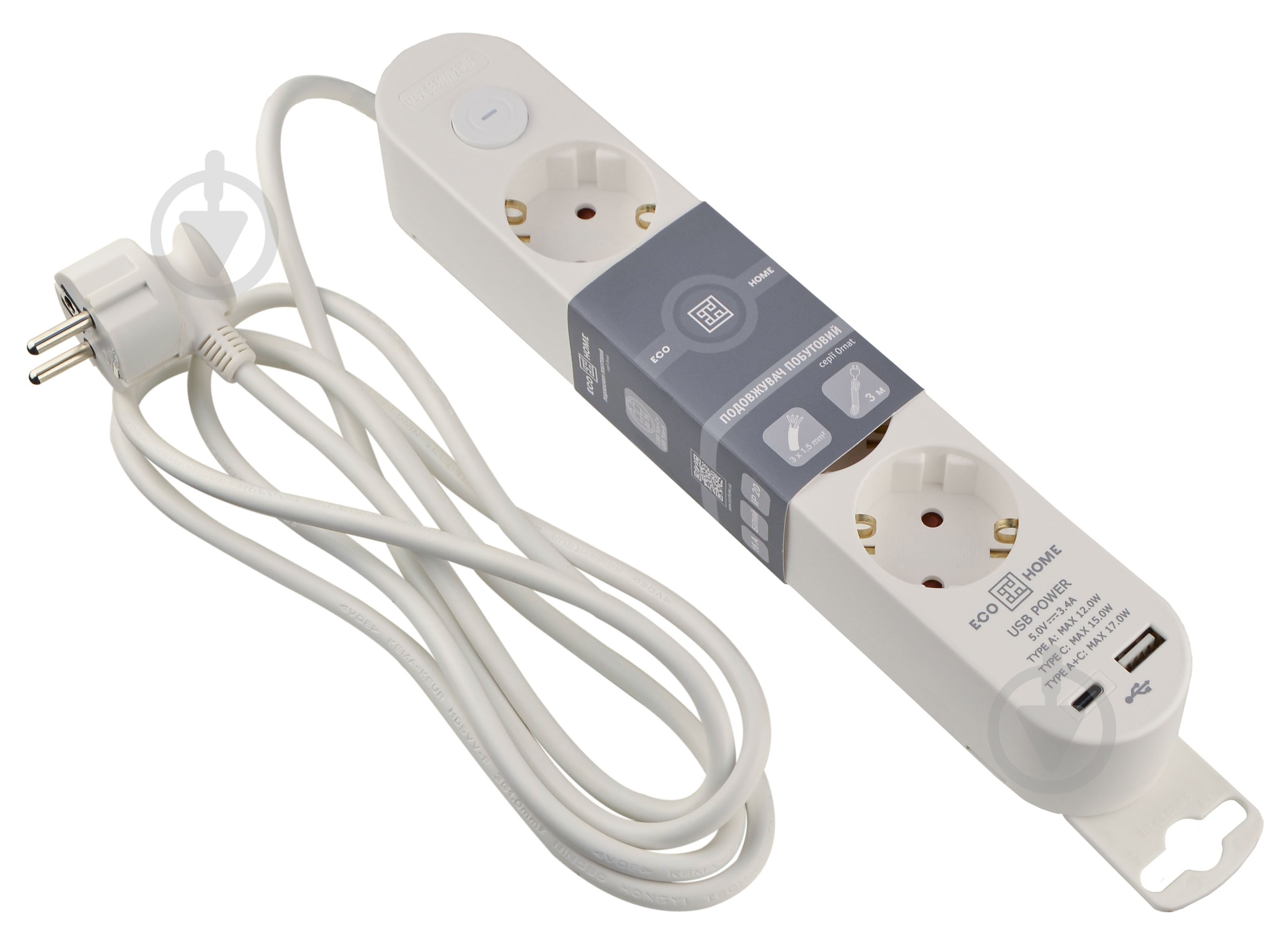 Удлинитель бытовой ECOНОМЕ Ornat USB+Type C с заземлением 4 гн. белый 2 м ECO019001004 - фото 1 Удлинитель бытовой ECOНОМЕ Ornat USB+Type C с заземлением 4 гн. белый 2 м ECO019001004 - фото 1