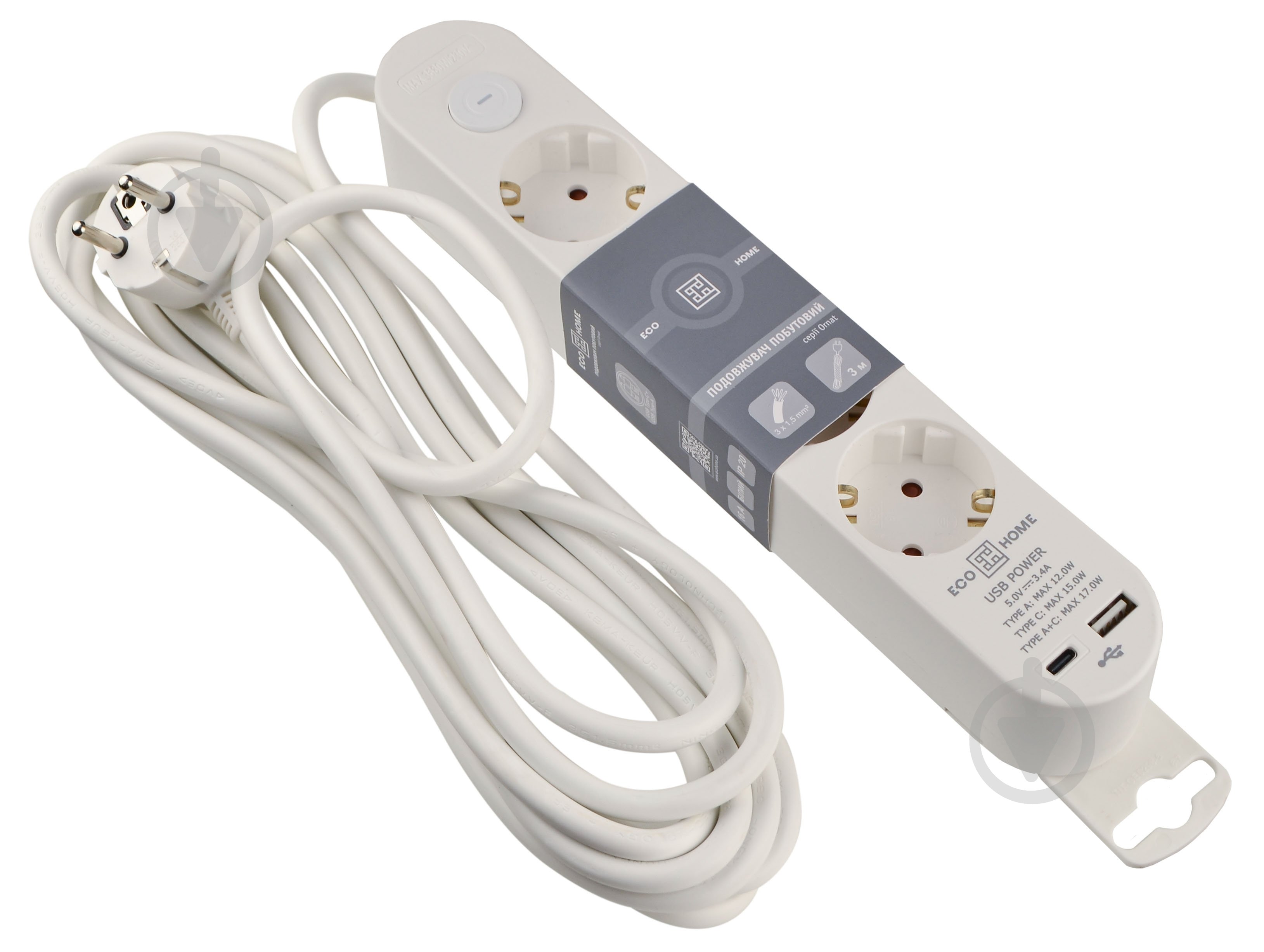 Подовжувач побутовий ECOНОМЕ Ornat USB+Type C із заземленням 4 гн. білий 5 м ECO019001006 - фото 1