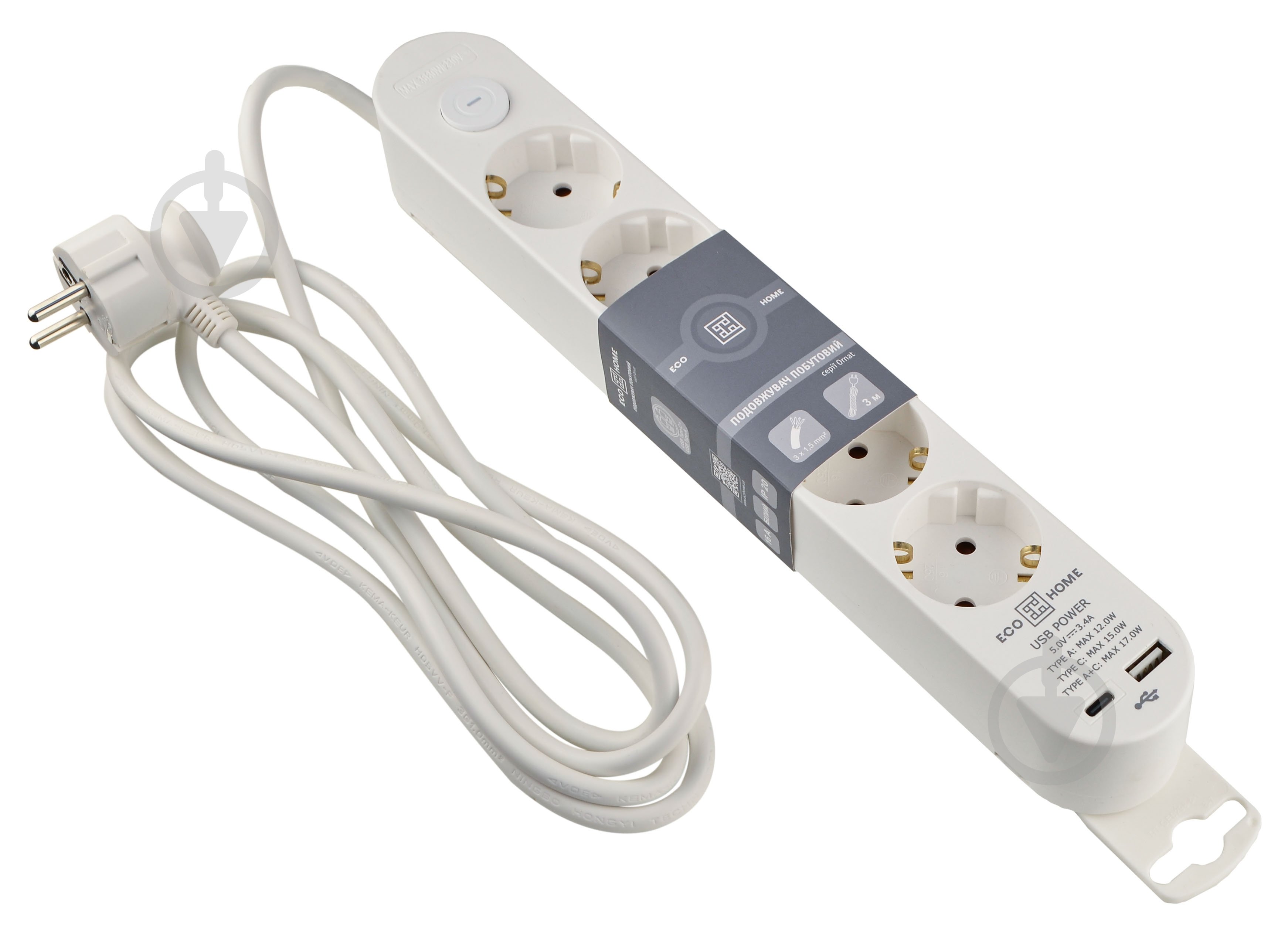 Удлинитель бытовой ECOНОМЕ Ornat USB+Type C с заземлением 5 гн. белый 2 м ECO019001007 - фото 1 Удлинитель бытовой ECOНОМЕ Ornat USB+Type C с заземлением 5 гн. белый 2 м ECO019001007 - фото 1