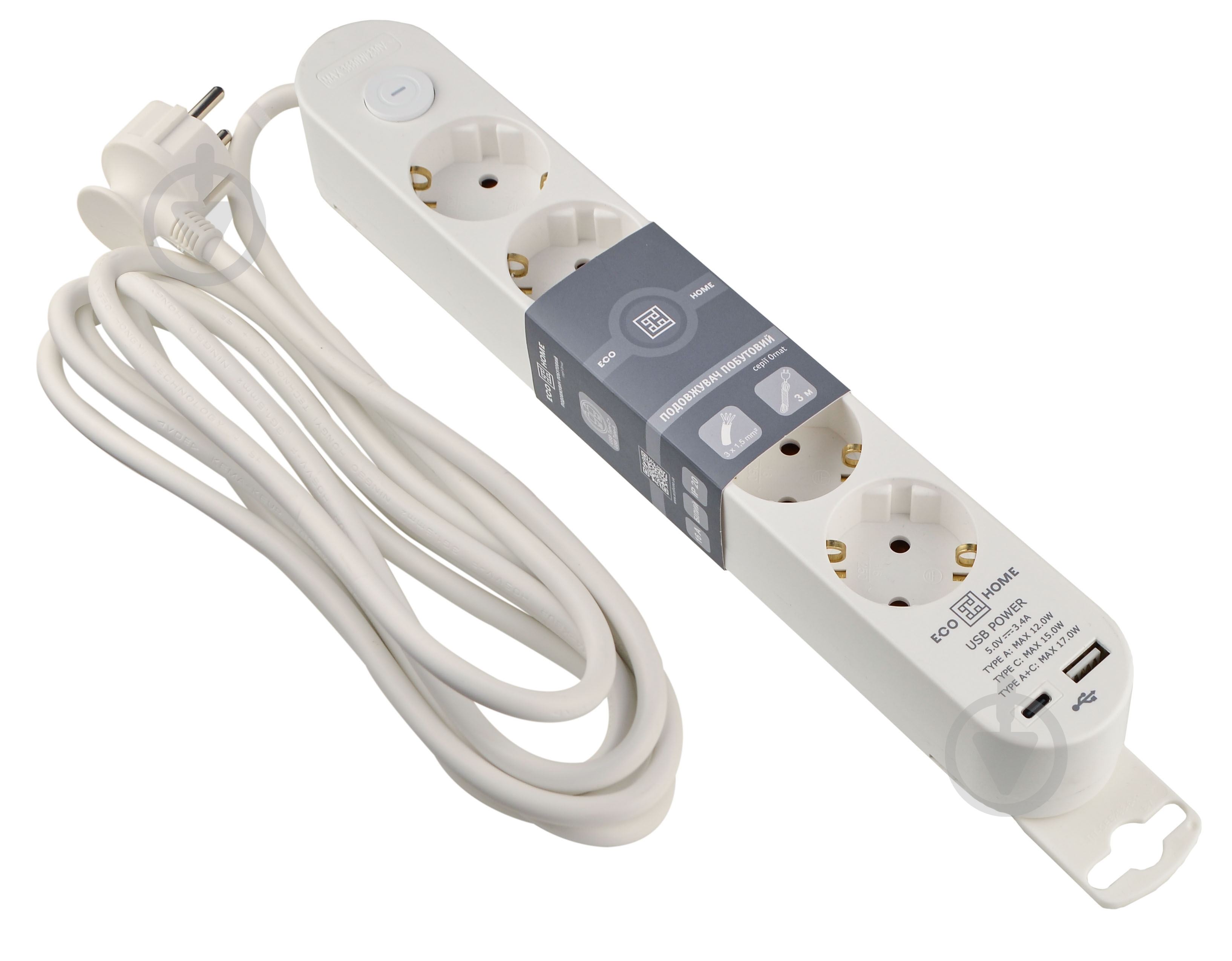 Удлинитель бытовой ECOНОМЕ Ornat USB+Type C с заземлением 5 гн. белый 3 м ECO019001008 - фото 1 Удлинитель бытовой ECOНОМЕ Ornat USB+Type C с заземлением 5 гн. белый 3 м ECO019001008 - фото 1