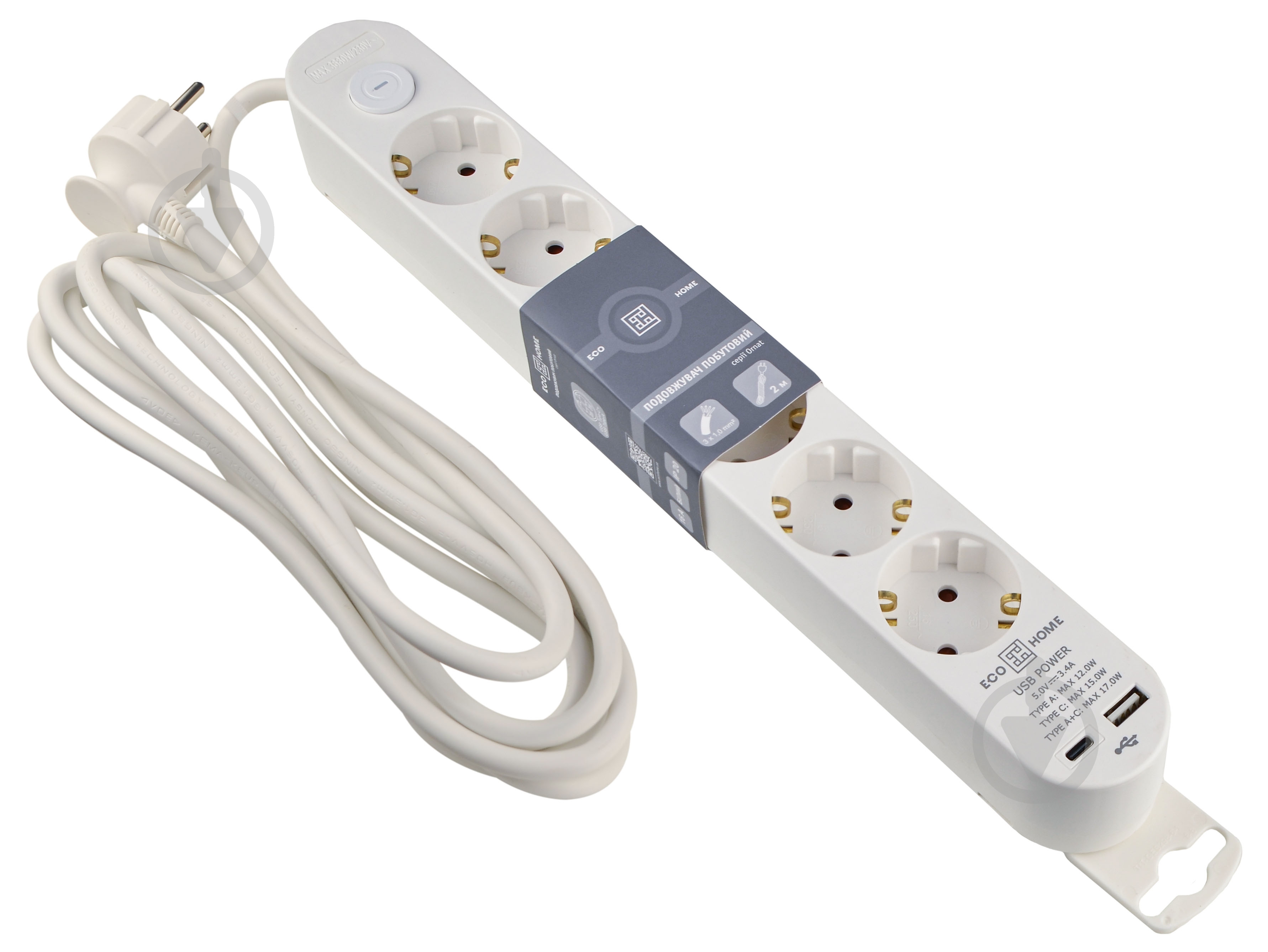 Удлинитель бытовой ECOНОМЕ Ornat USB+Type C с заземлением 6 гн. белый 3 м ECO019001011 - фото 1