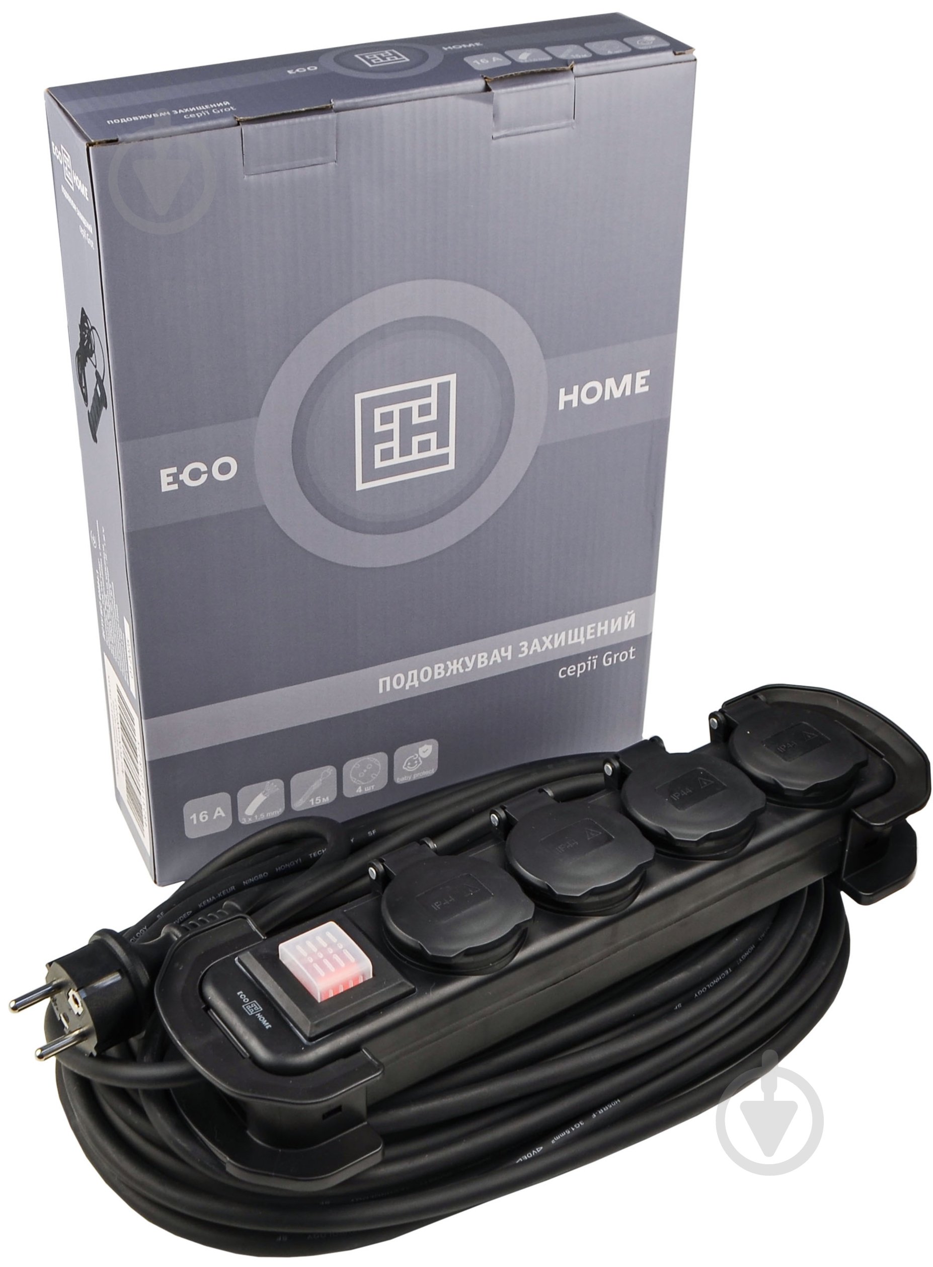 Удлинитель ECOНОМЕ Grot защищенный с заземлением 4 гн. черный 15 м ECO019001017 - фото 1 Удлинитель ECOНОМЕ Grot защищенный с заземлением 4 гн. черный 15 м ECO019001017 - фото 1