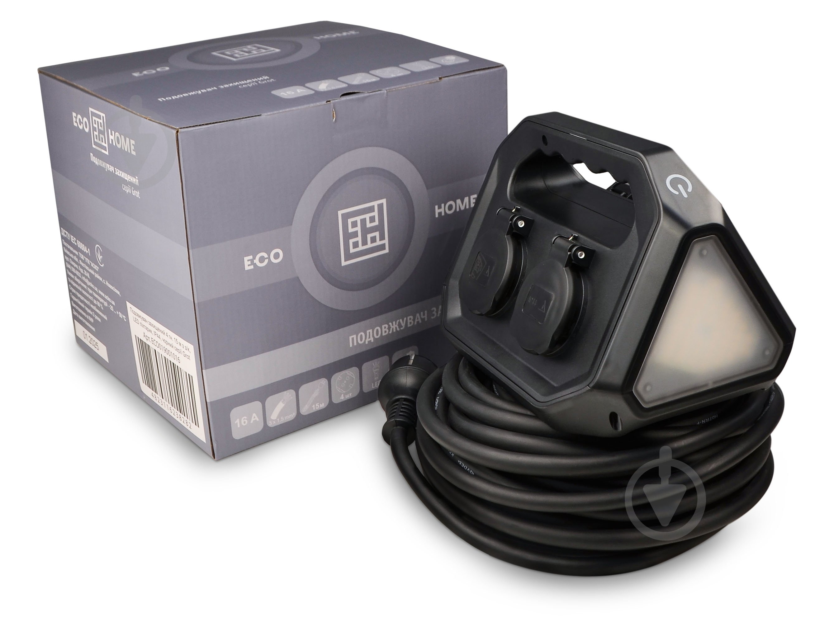 Удлинитель ECOНОМЕ Grot с LED фонариком с заземлением 4 гн. черный 15 м ECO019001016 - фото 2
