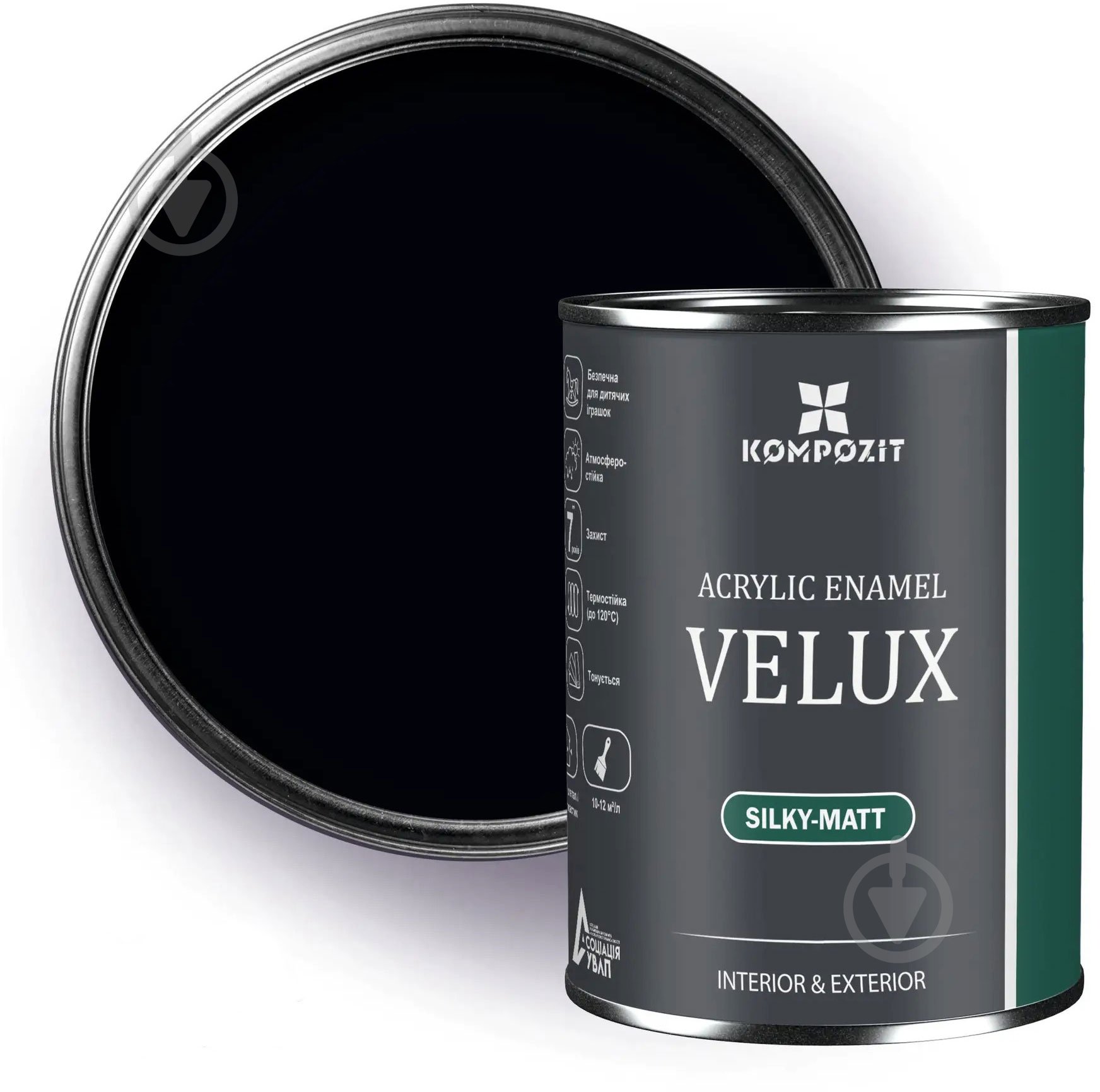 Эмаль акриловая Kompozit VELUX 150 чорна шелковистый мат 0,75 л - фото 1