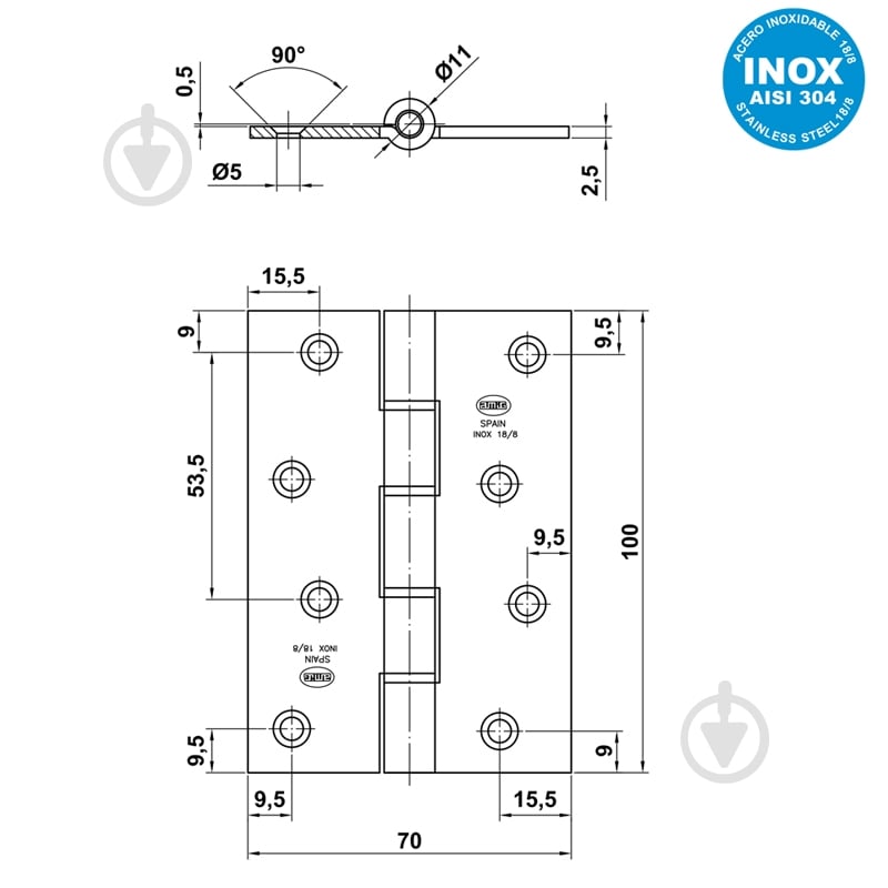Петля Amig модель 2088 100x70x2,5 мм нержавіюча сталь універсальна 1 шт. - фото 2 Петля Amig модель 2088 100x70x2,5 мм нержавіюча сталь універсальна 1 шт. - фото 2