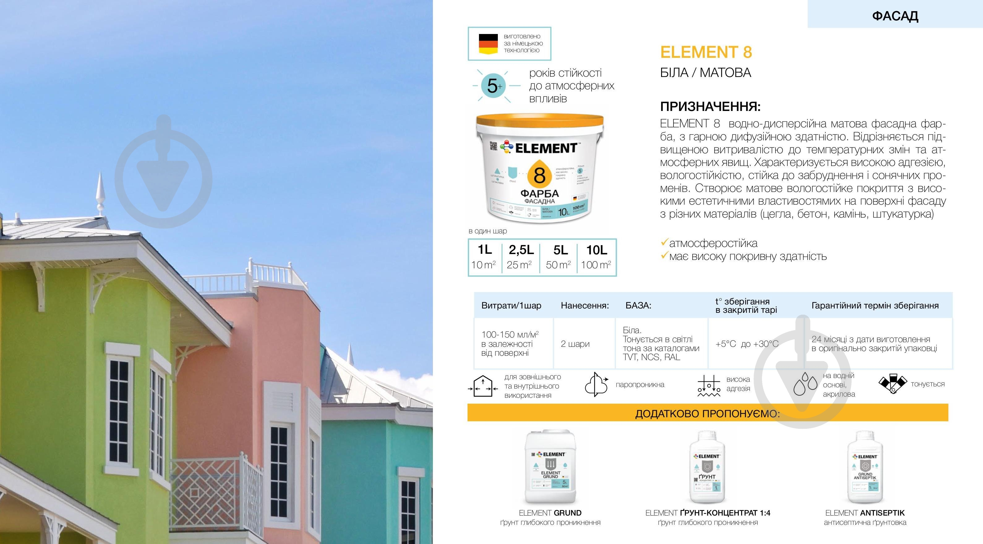 Фарба акрилова водоемульсійна Element 8 мат білий 5 л - фото 2 Фарба акрилова водоемульсійна Element 8 мат білий 5 л - фото 2